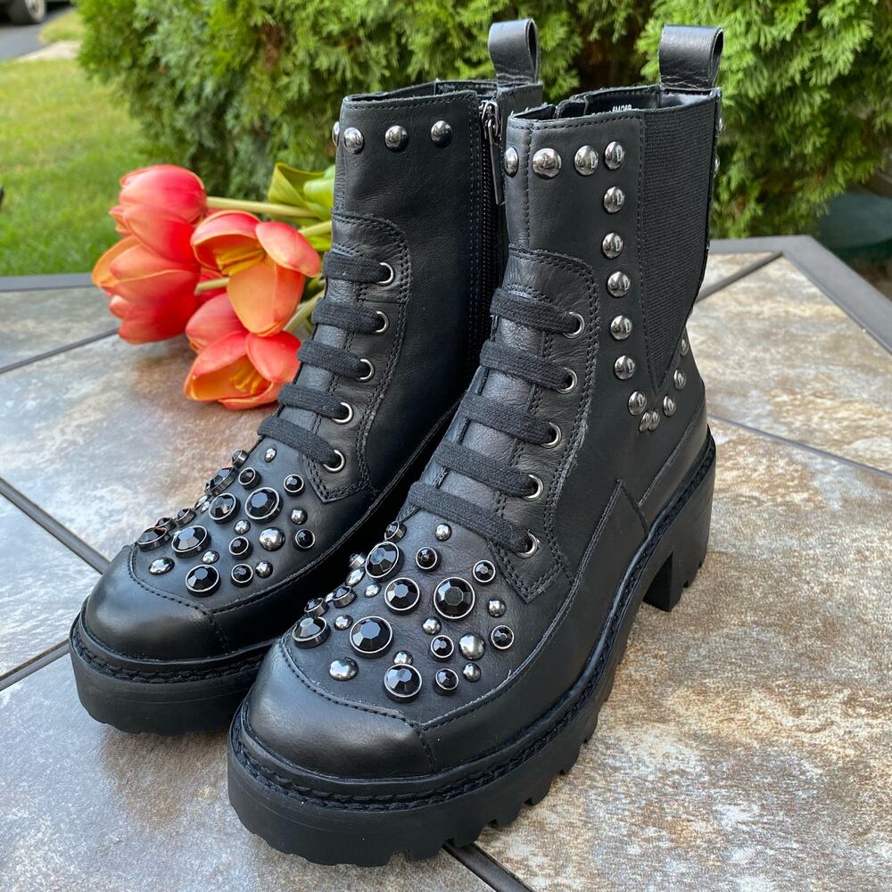 New KARL LAGERFELD PARIS Black Breck Studded Leather Moto Combat Boot Size 6 - Picture 3 of 12